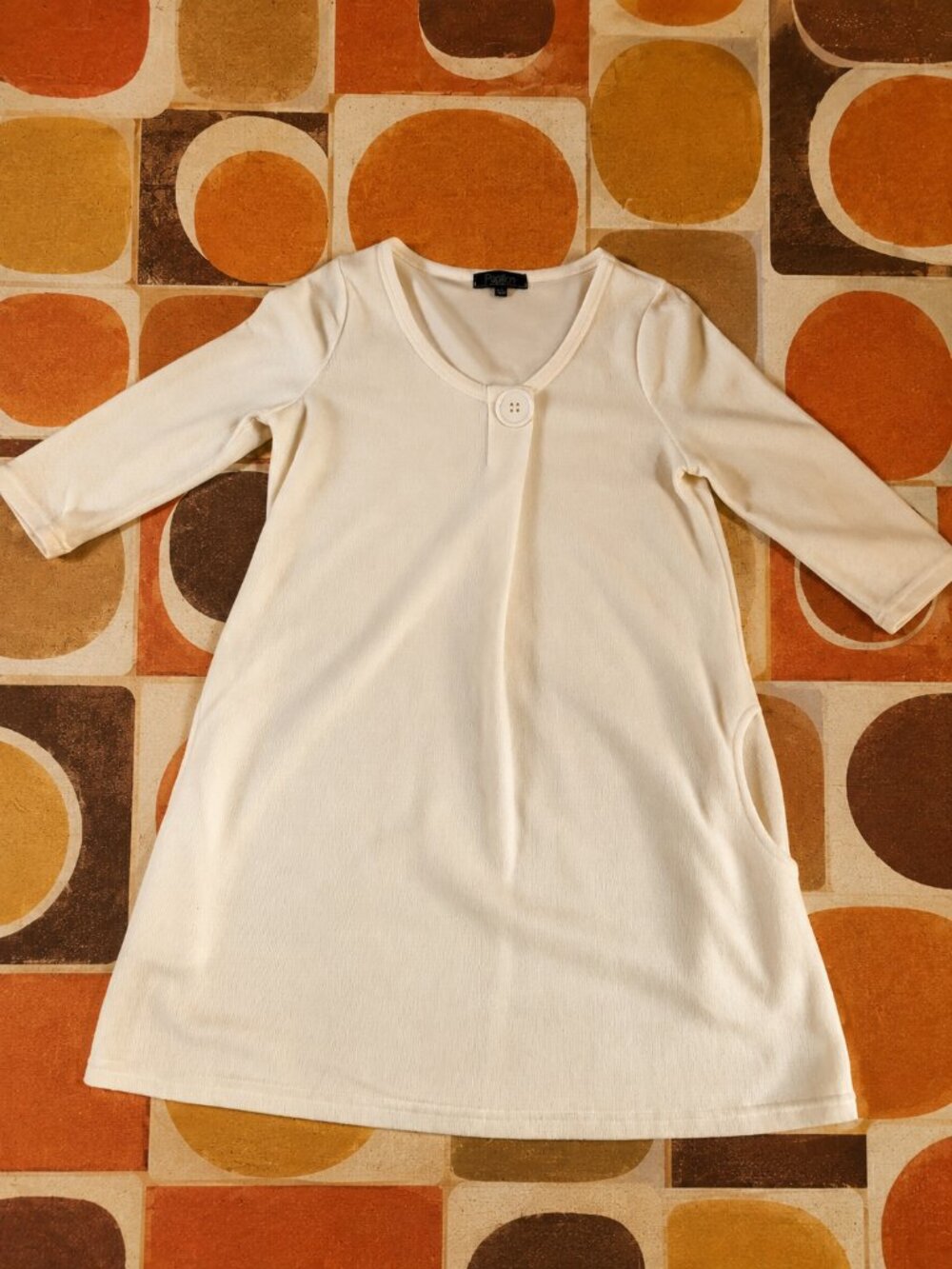 Vintage Cream Mod A-Line Dress • Long Sleeve • Retro Minimalist - Picture 2 of 6